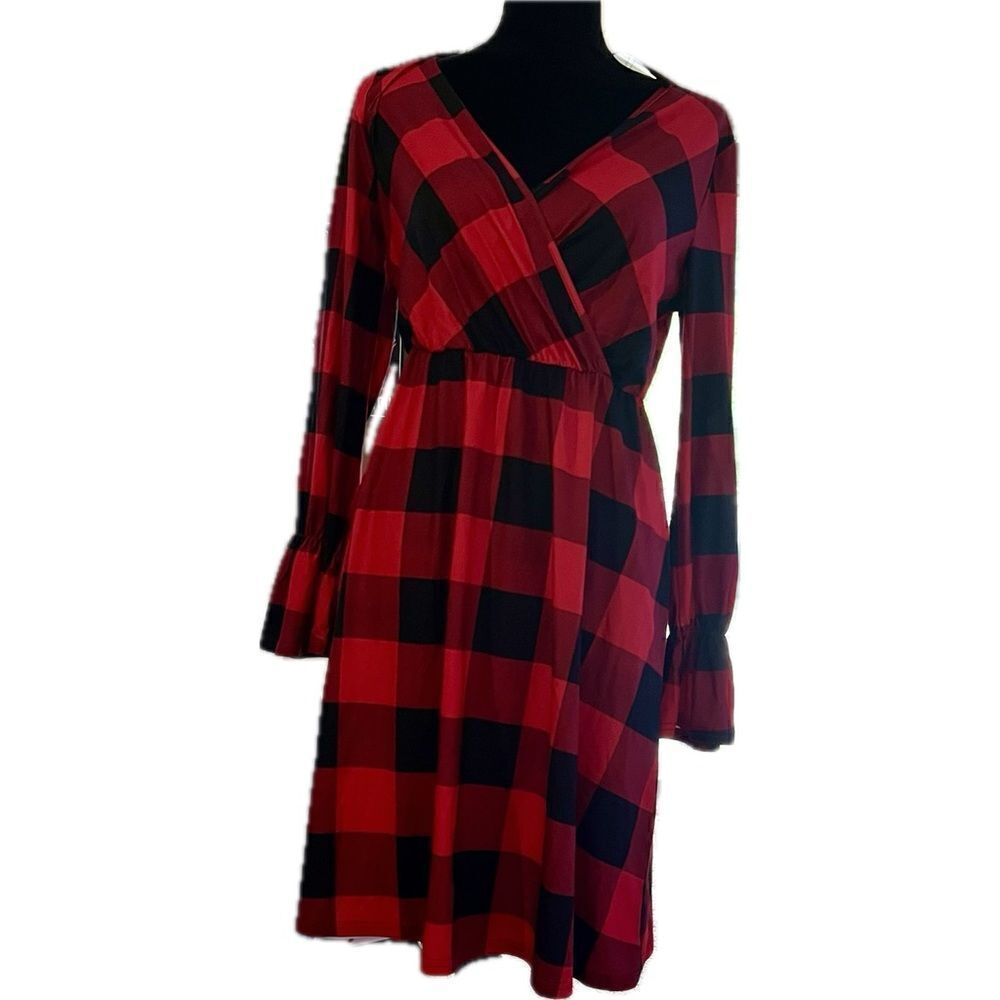 KOJOOIN‎ womens small buffalo plaid long sleeve v-neck dress NWT